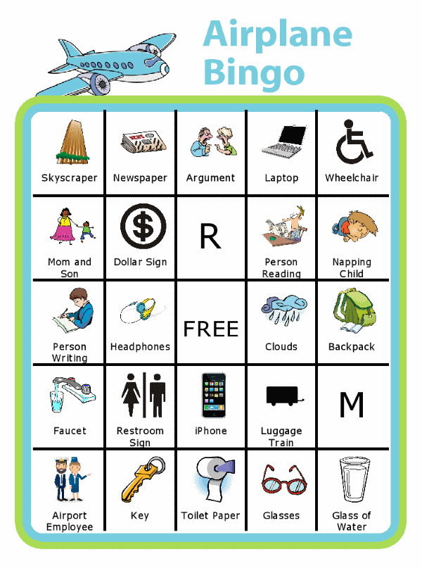 Bingo board with airplane at the top and title Airport Bingo