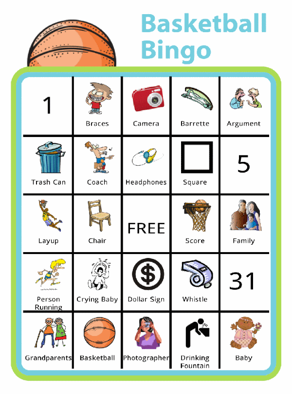 Bingo board with basketball at the top and titled Basketball Bingo