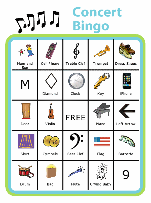 Bingo board with music notes at the top and titled Concert Bingo