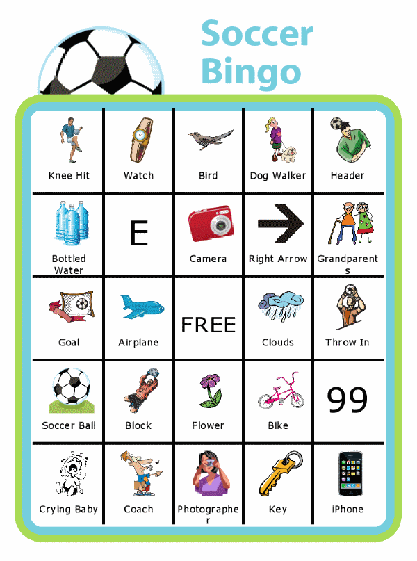 Bingo board with soccer ball at the top and titled Soccer Bingo