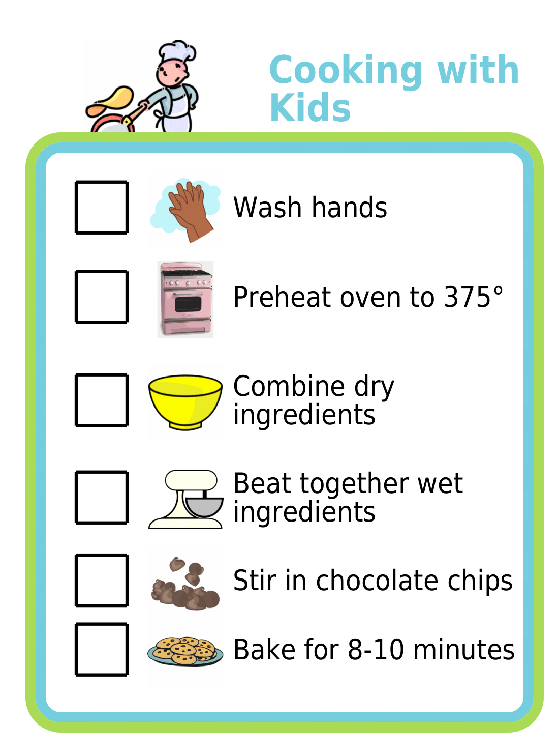 List with checkboxes and pictures showing cooking tasks kids all ages can do