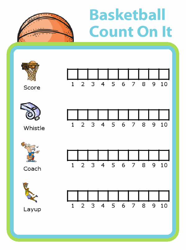 Chart for counting baskets, whistles, coaches and layups at a basketball game