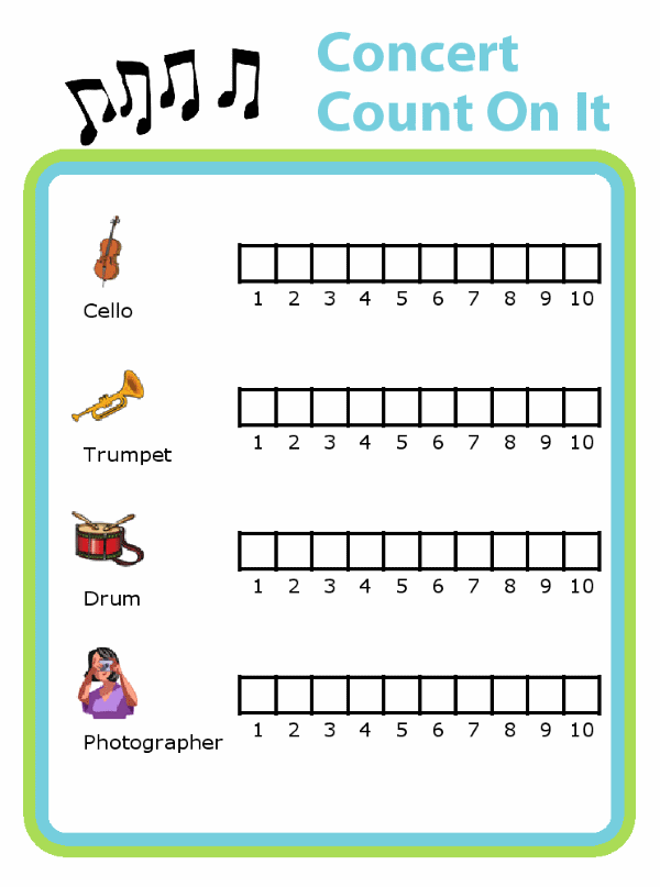 Chart for counting cellos, trumpets, drums, and photgraphers at a music concert