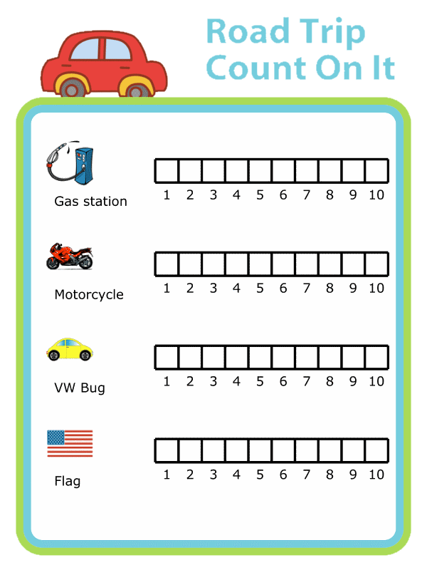 Chart for counting gas stations, motorcycles, VW bugs, and flags on a road trip