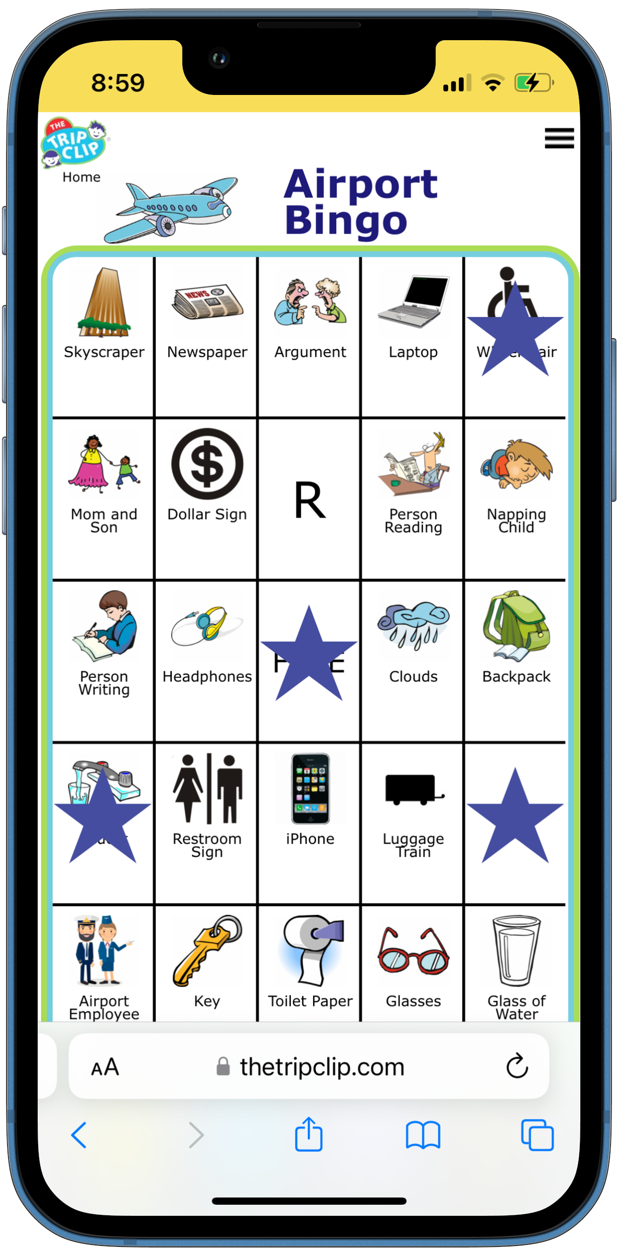 Bingo board with airplane at the top and title Airport Bingo