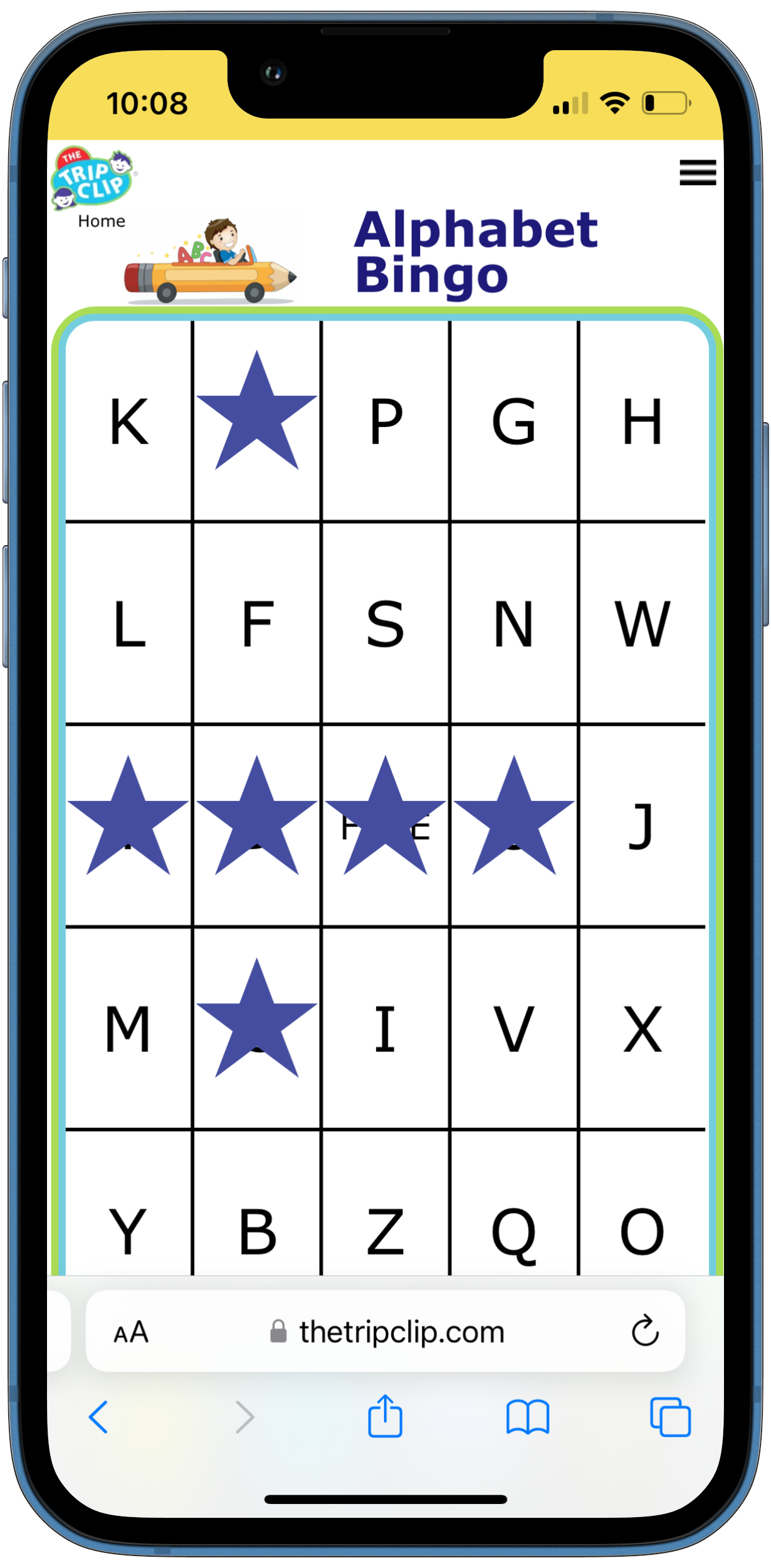 Bingo board with letters in each square