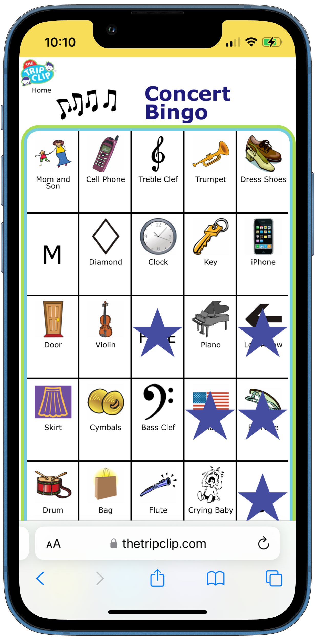 Bingo board with music notes at the top and titled Concert Bingo