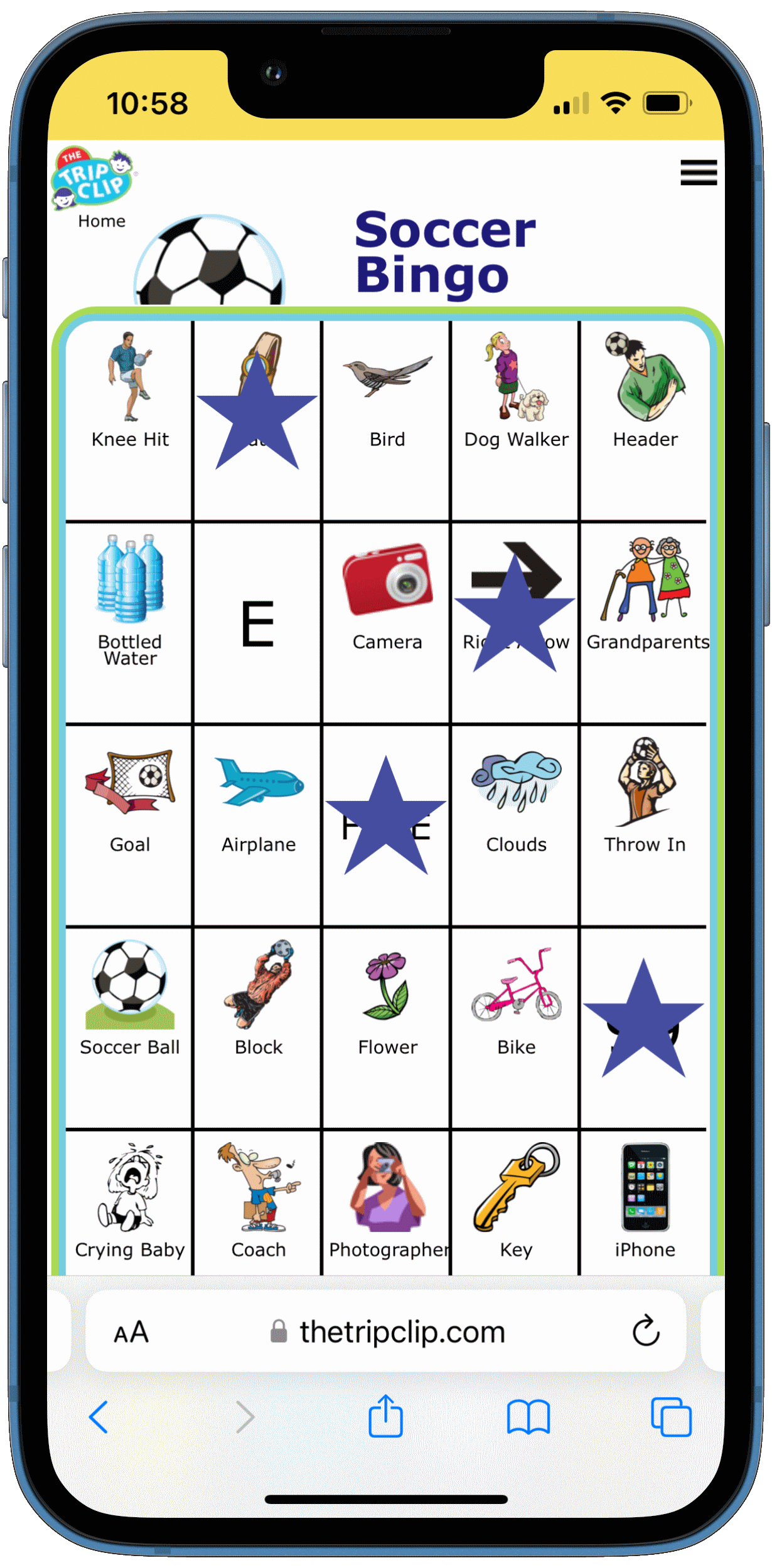 Bingo board with soccer ball at the top and titled Soccer Bingo