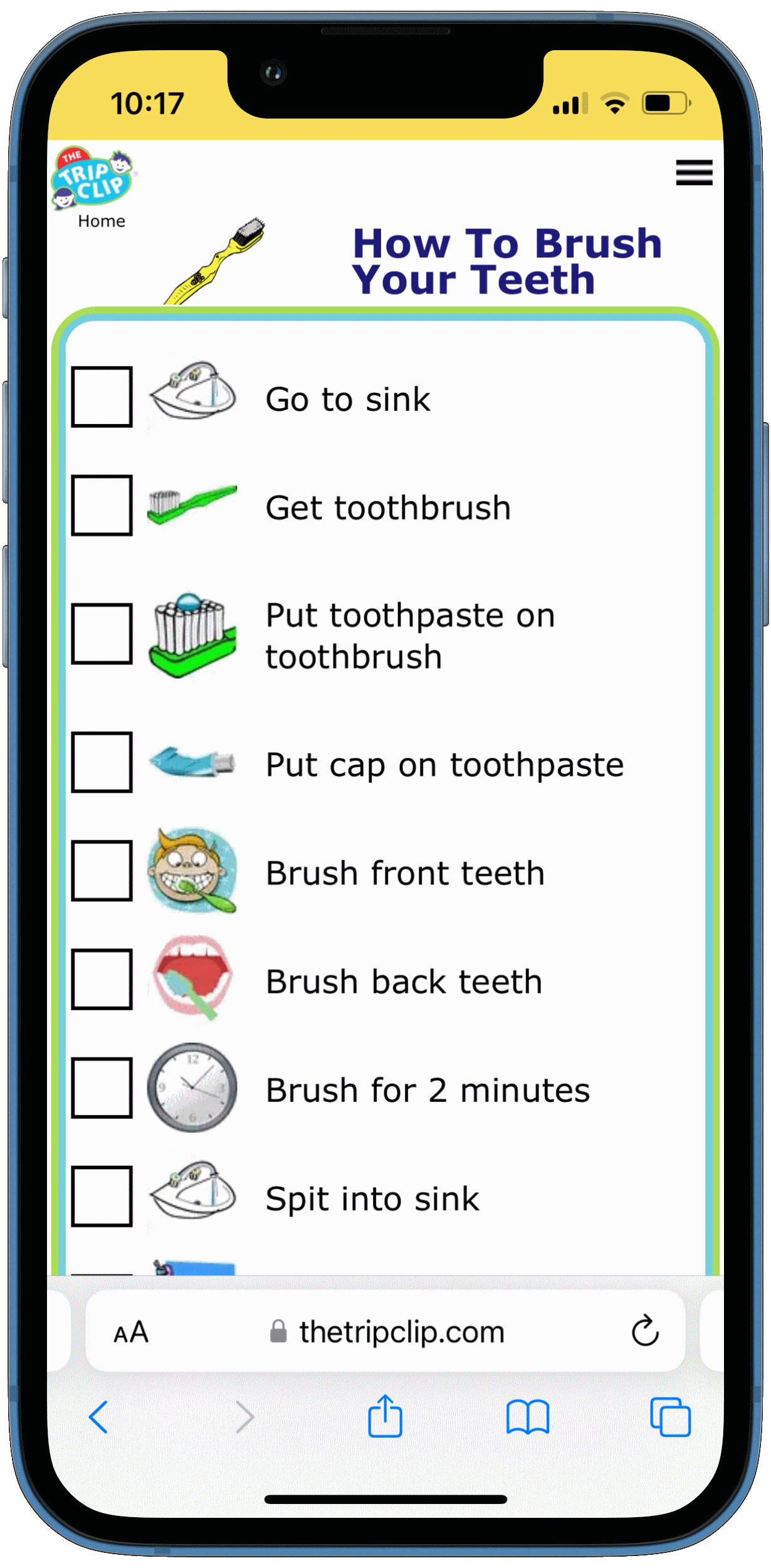 Picture checklist showing the steps for how to brush teeth