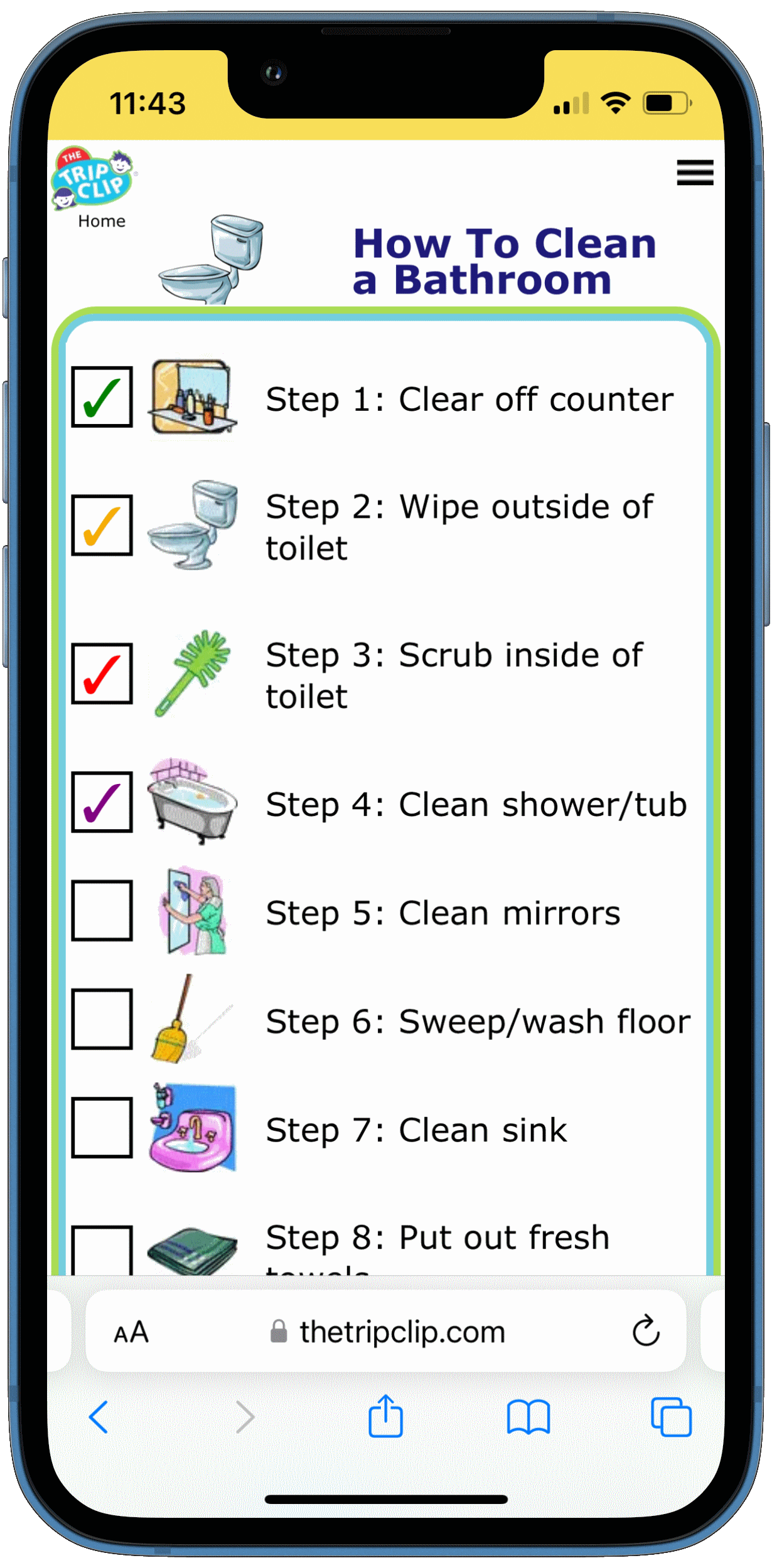 Picture checklists to teach a kid to clean a bathroom in 8 steps