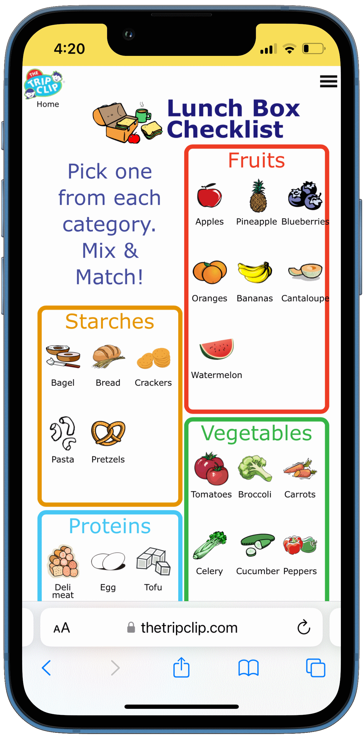 Picture checklist organized by food categories to help kids pack their own healthy lunch