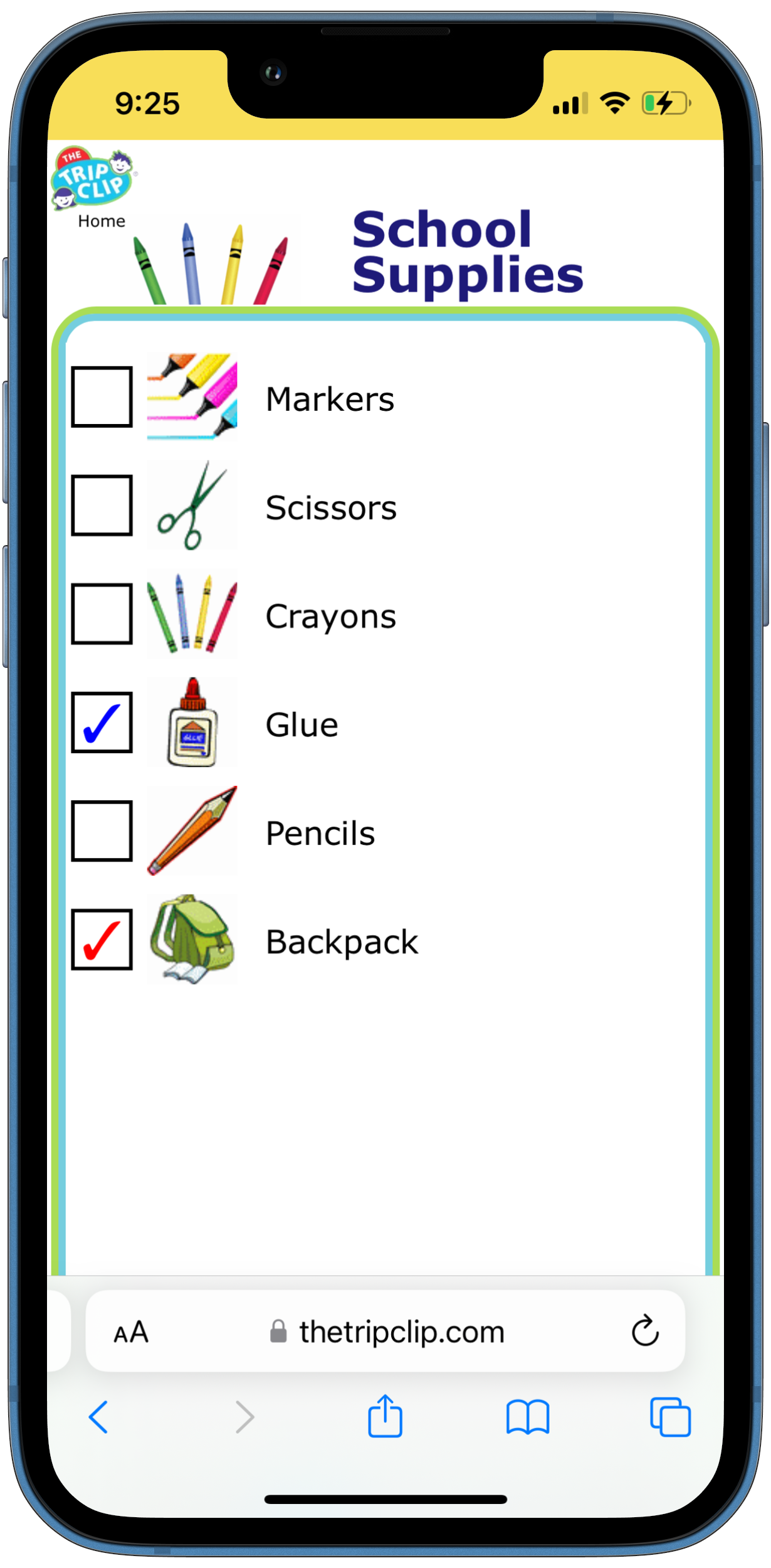 Picture checklist of school supplies; glue, markers, pencils, tisses, hand sanitizer, scissors