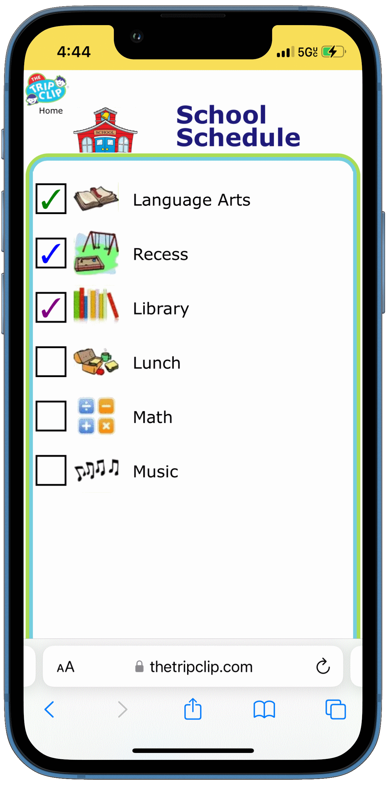 Picture checklist of a school schedule for kids, printed and on phone