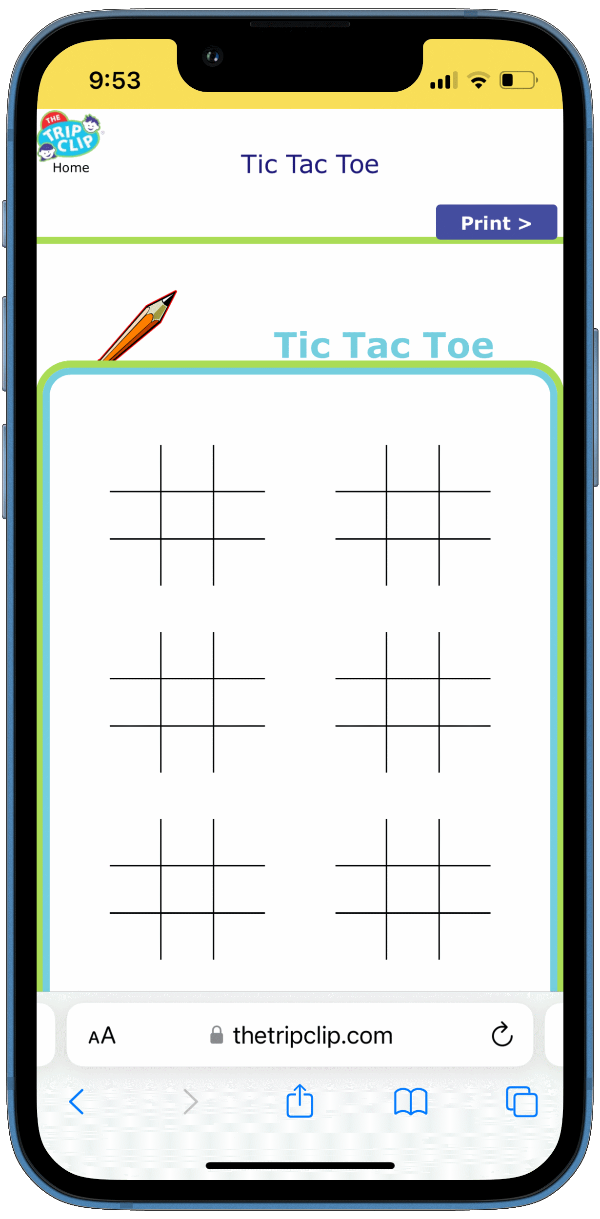 4 iPhones showing 2-player printable games: dots and boxes, hangman, battleship, and tic tac toe