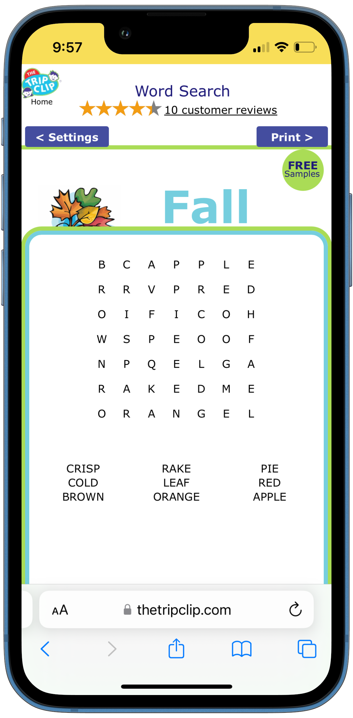 Fall themed printable word search puzzle for kids