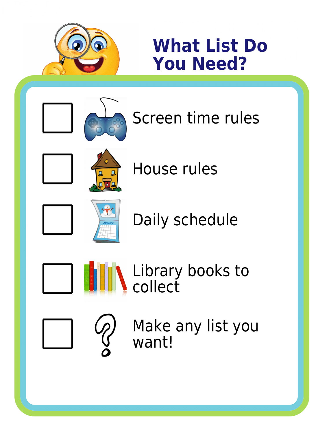 Custom picture checklist for kids that lets you enter your own items