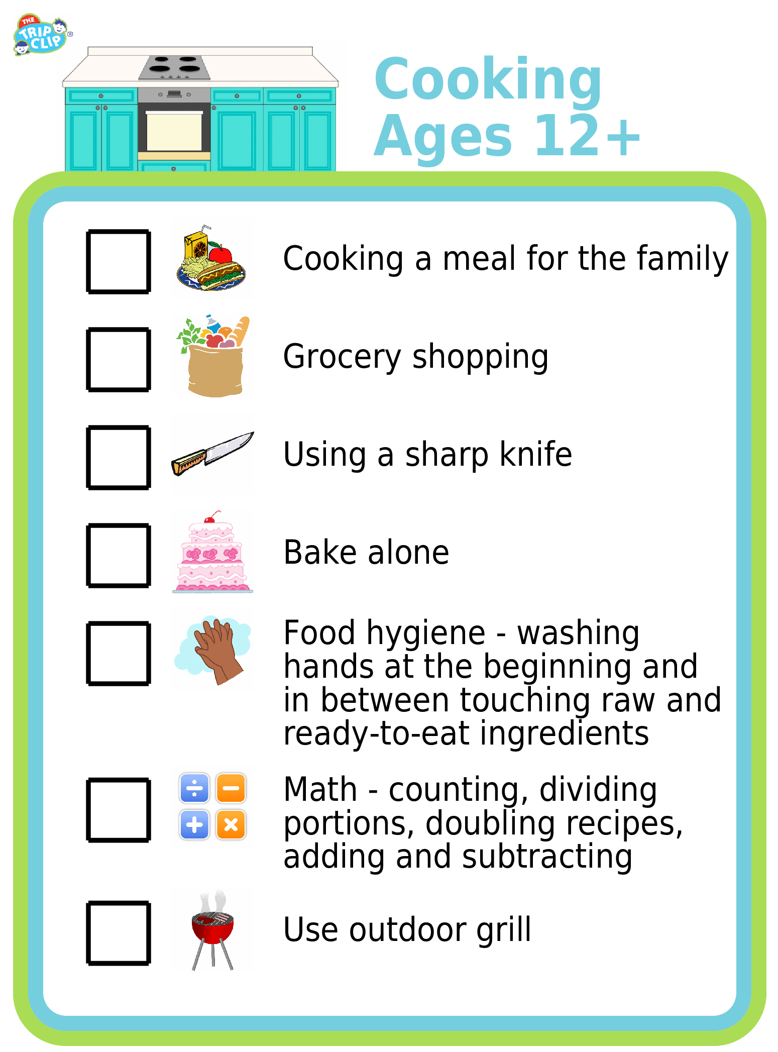 List with checkboxes and picture showing cooking tasks kids 12+ can do