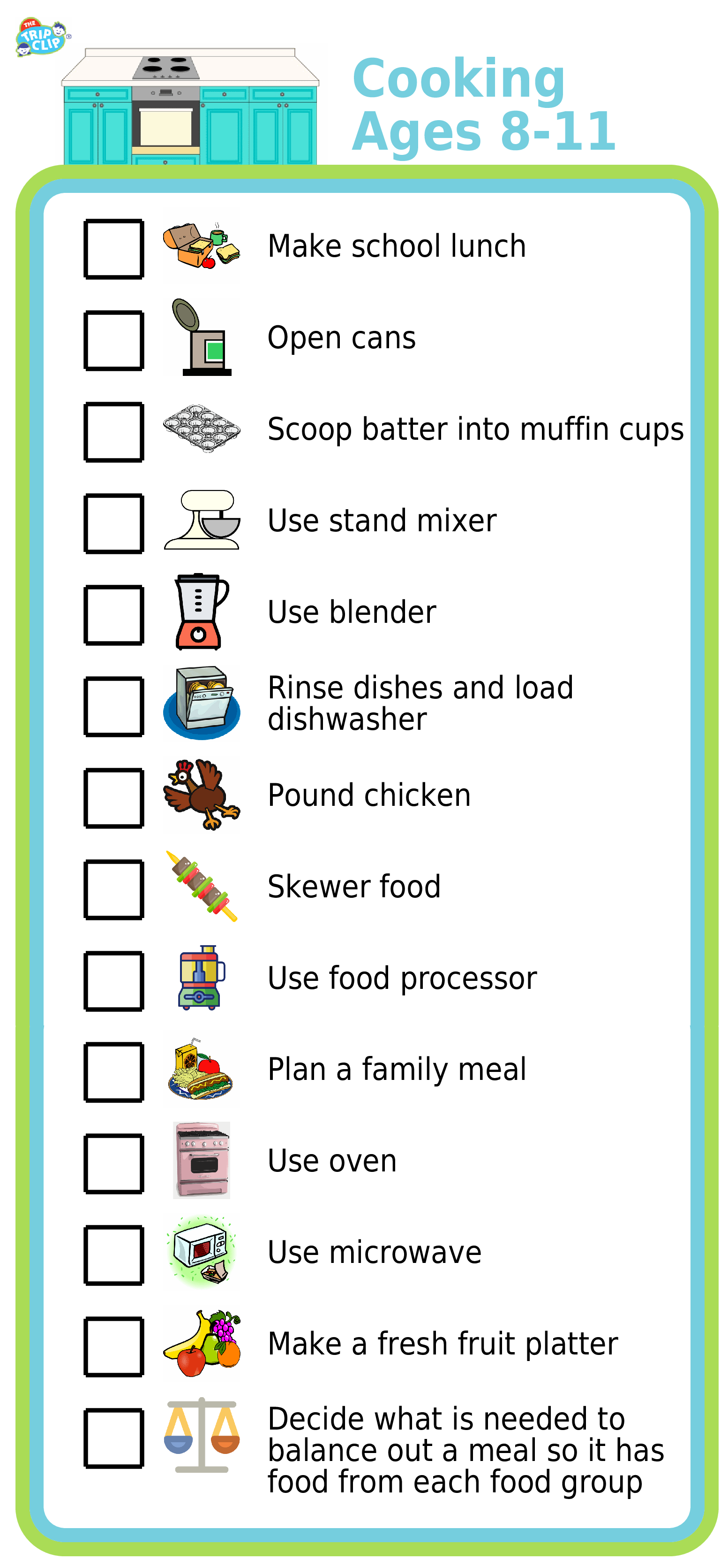 List with checkboxes and picture showing cooking tasks kids 8-11 can do