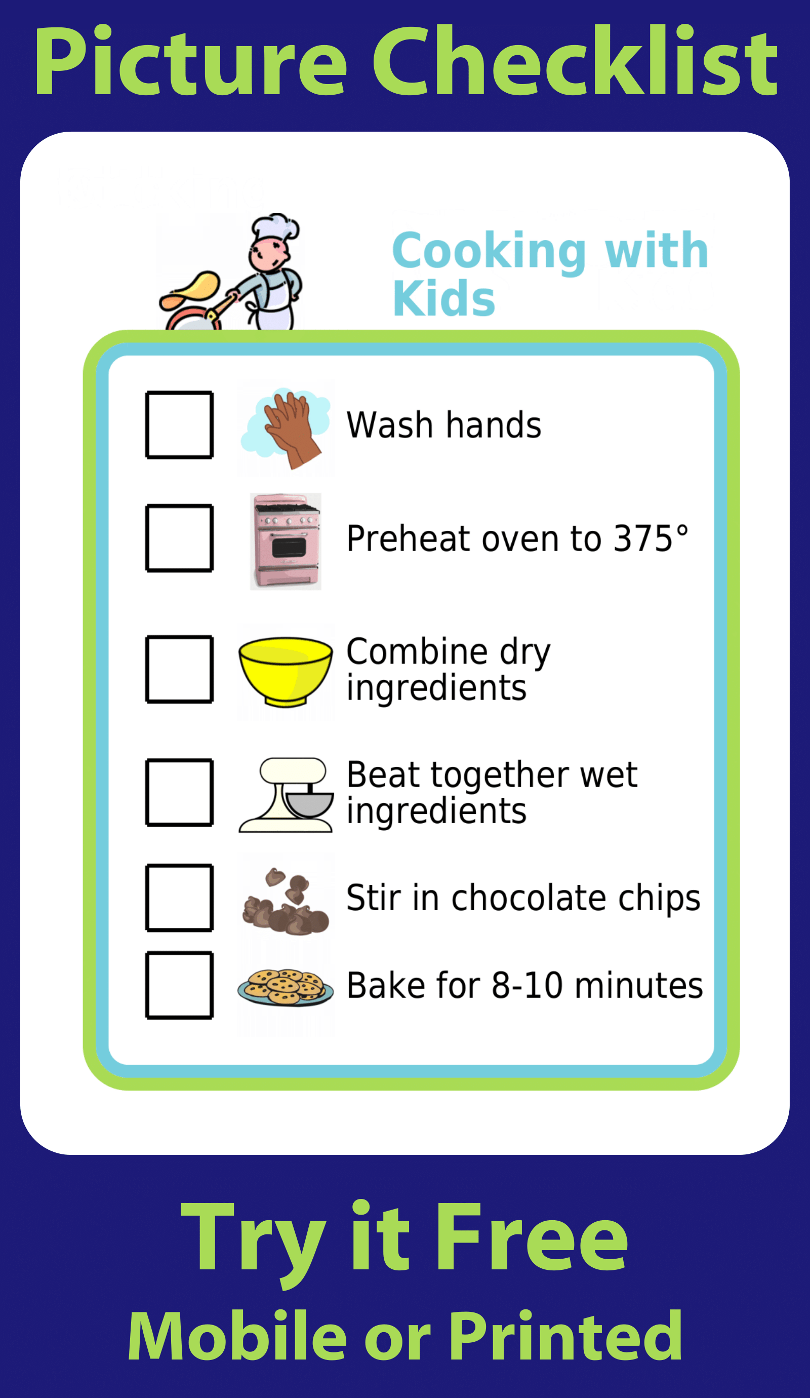 Picture checklist with cooking activities for kids