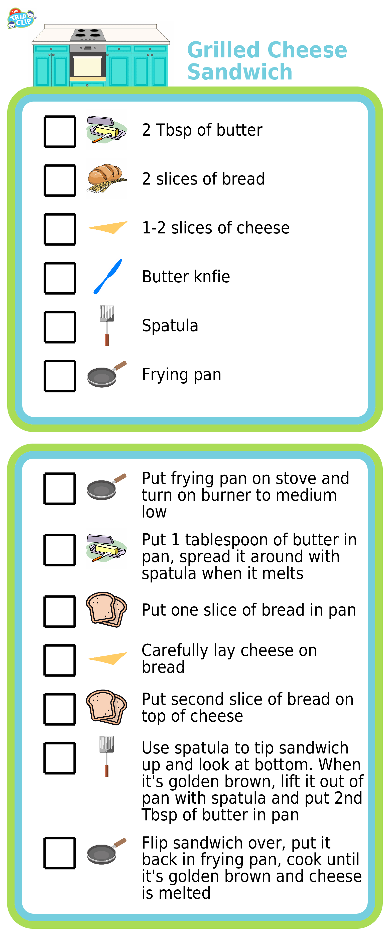 Picture checklist showing recipe for making a grilled cheese sandwich