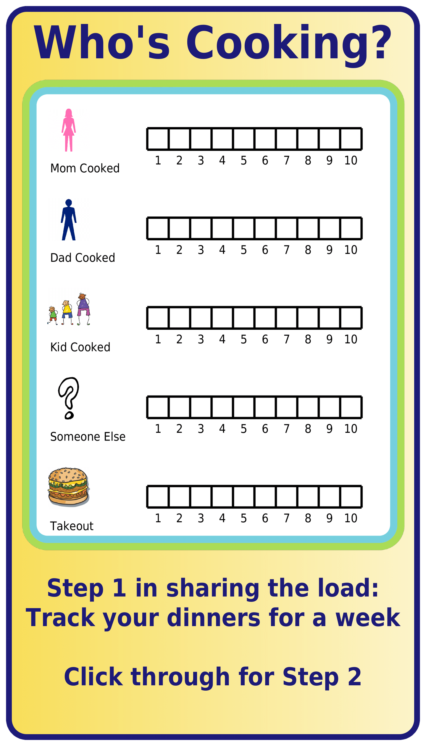 List of kitchen tasks with 10 boxes to track who cooks each week