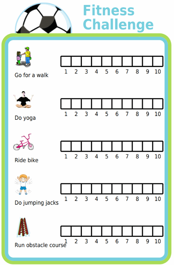 Fitness challenge printable lets you fill in a box each time you do a particular activity