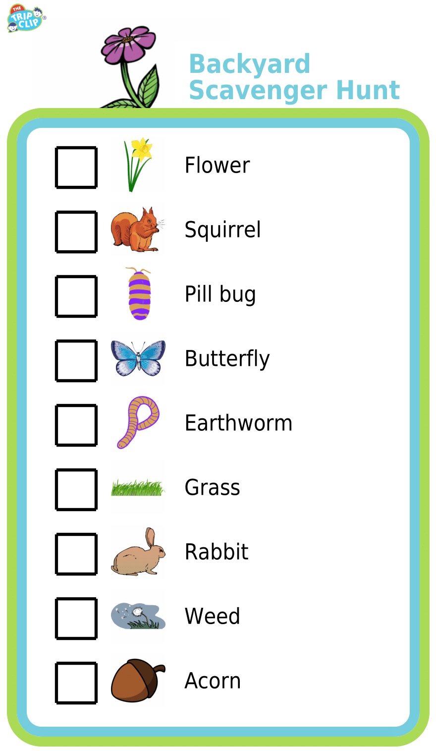 Picture checklists things for kids to find on backyard scavenger hunt
