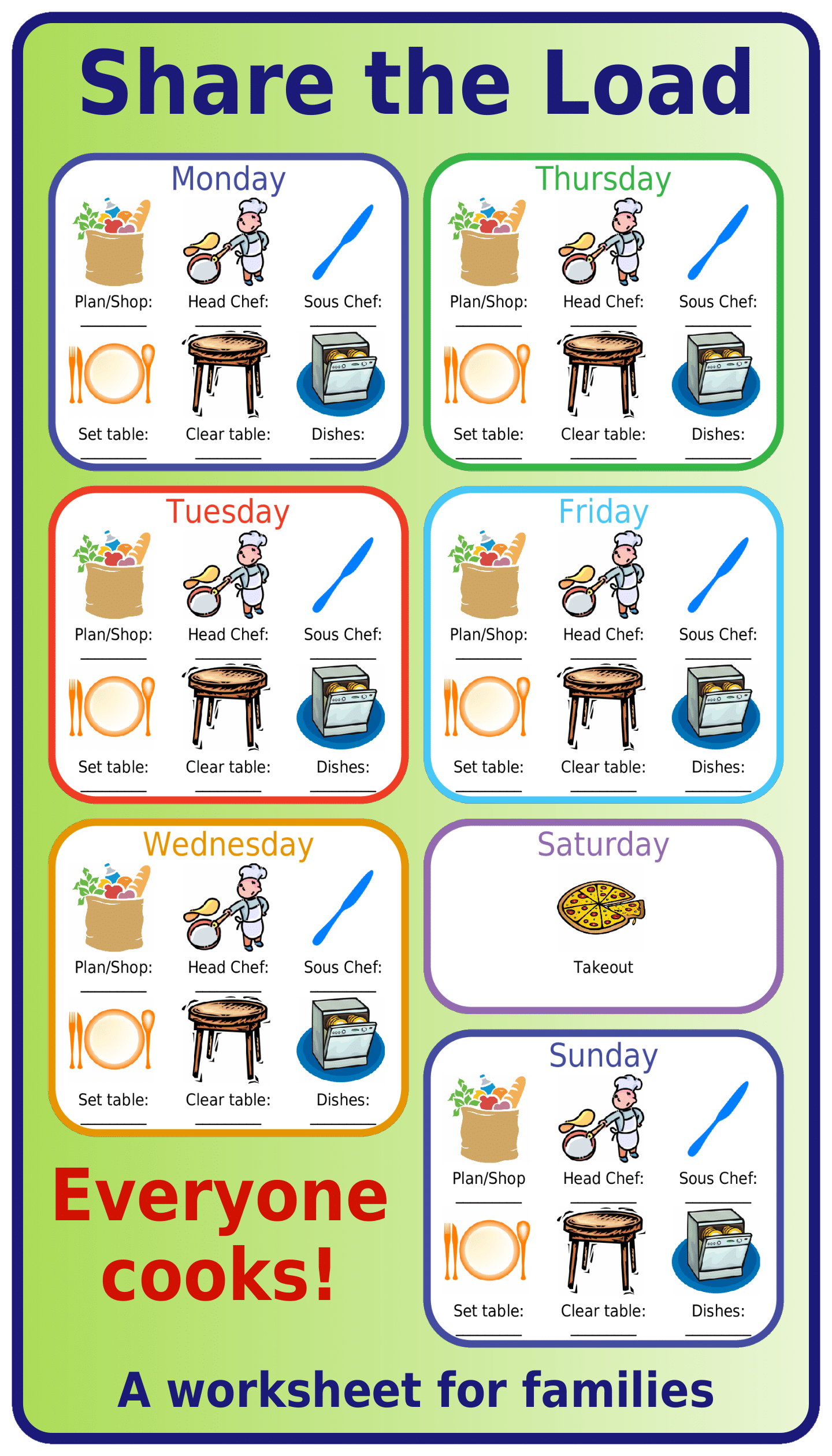 Worksheet for families - blank spots for who cooks, helps, sets table, and cleans up each night of the week